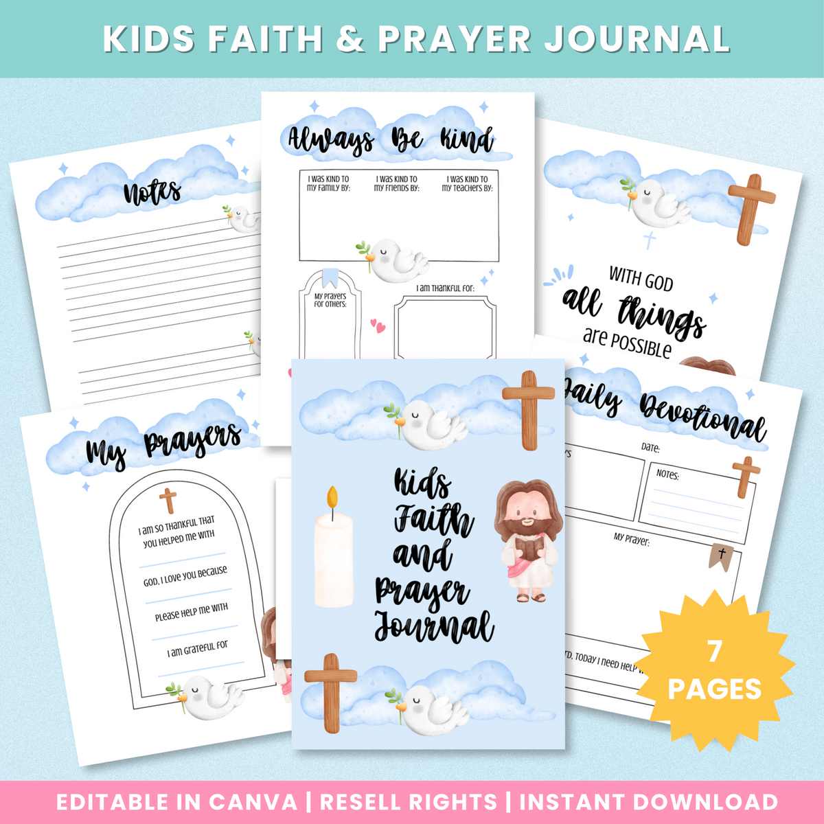 Seven page kids faith and prayer journal Canva template preview