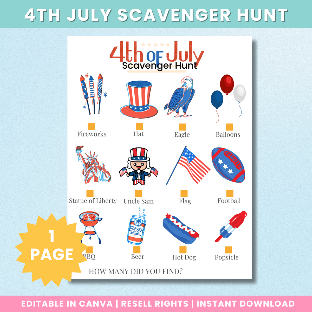 Fourth of July scavenger hunt printable Canva template preview