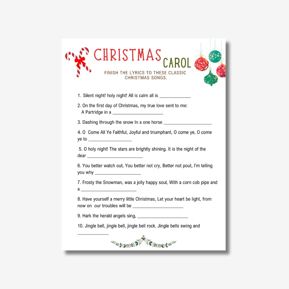 PLR Christmas Carol Game Printable