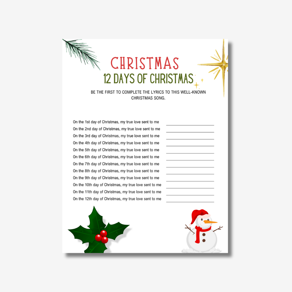 PLR 12 Days Of Christmas Game Printable