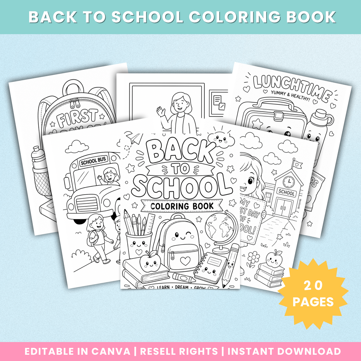 Back to School Coloring Book preview with twenty pages featuring a school bus, backpack and classroom scenes