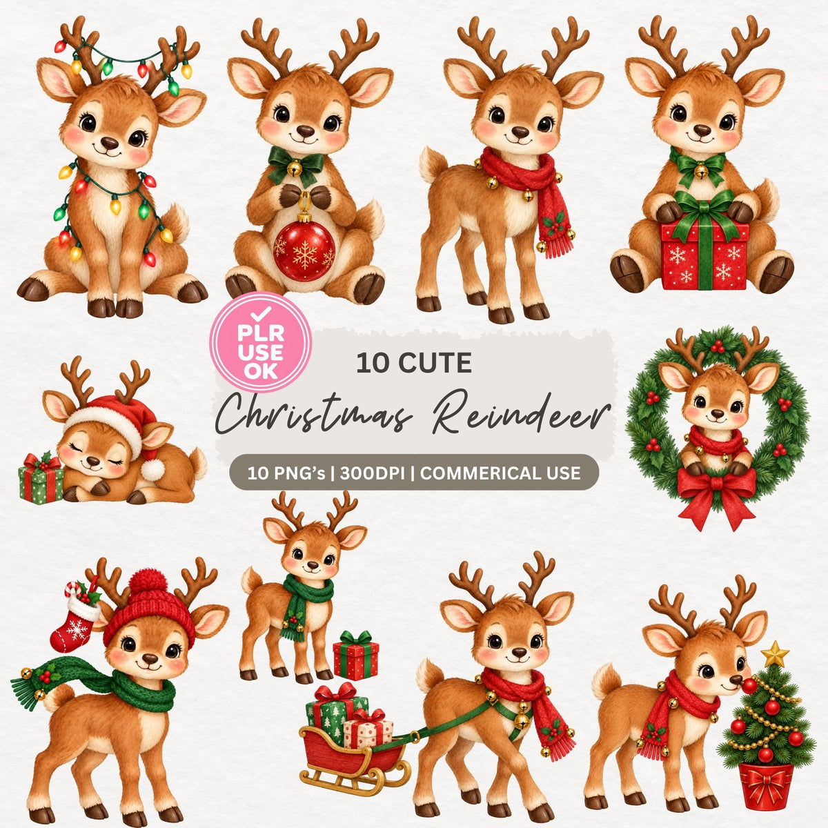 Preview of 10 Cute Christmas Reindeer clipart designs