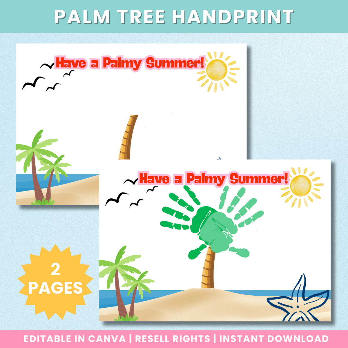 Palm Tree Handprint craft with blank page and completed example