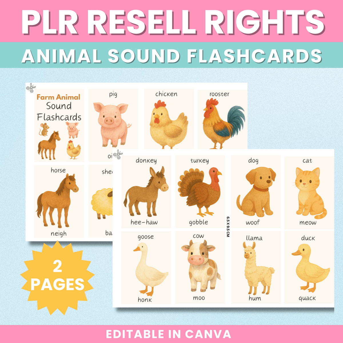 Farm animal sound flashcards with illustrated animals and their sounds