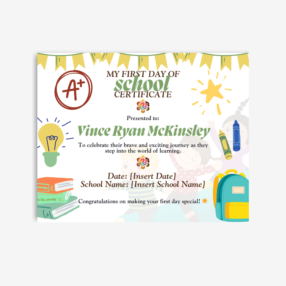 PLR My First Day At School Certificate