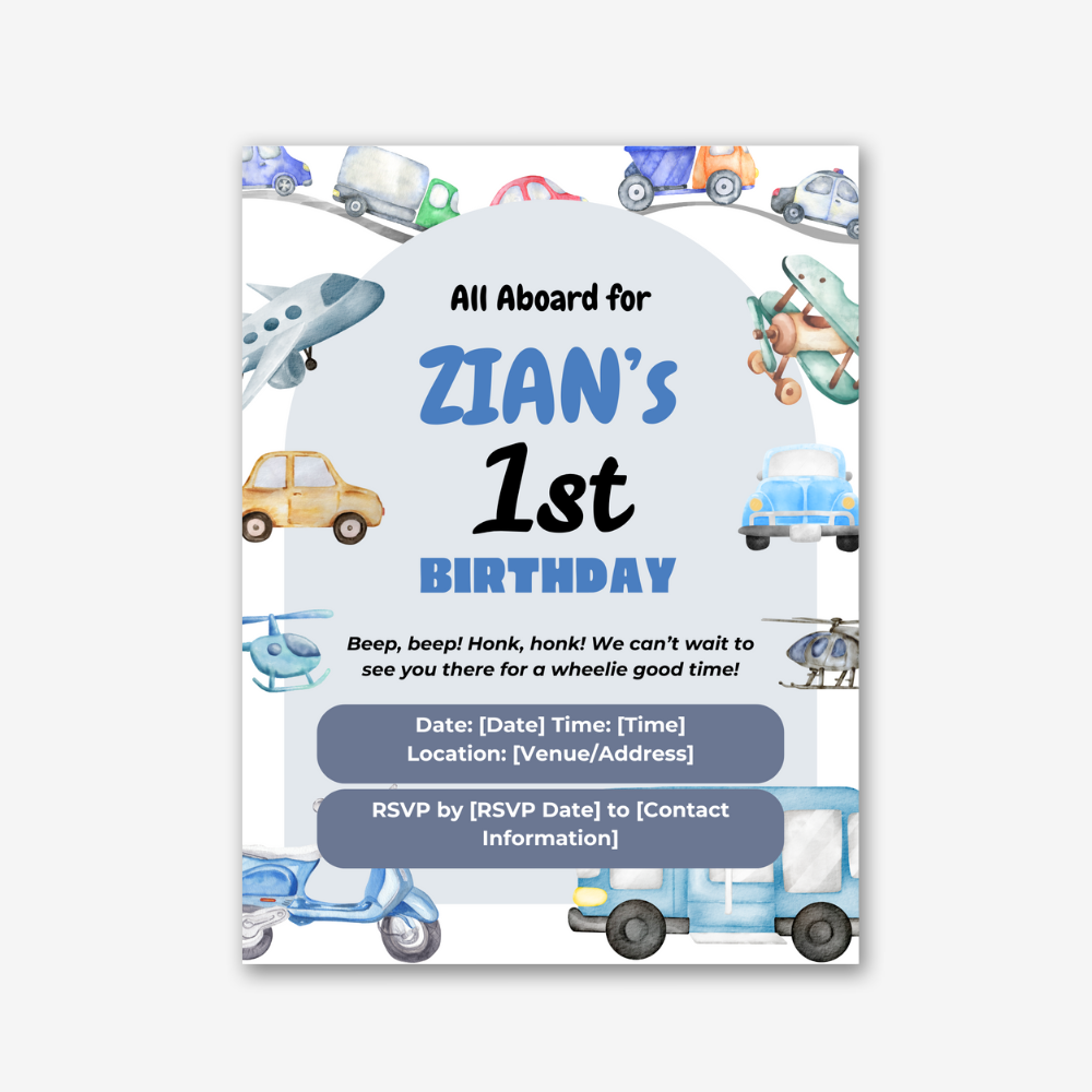 PLR Transport Birthday Invitation