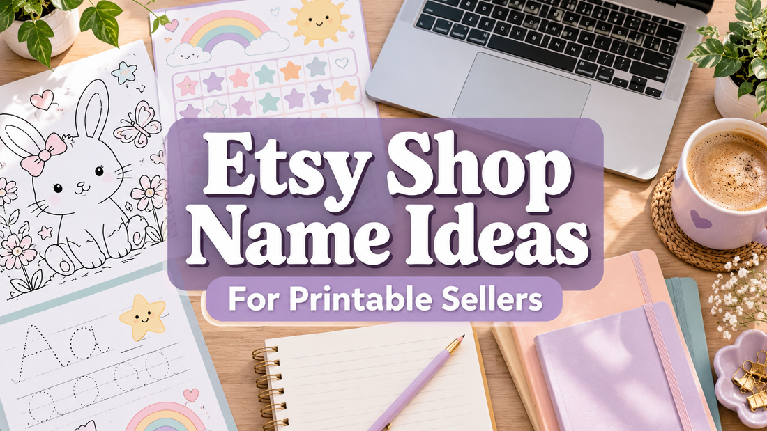 Etsy Shop Name Ideas for Printable Sellers over a desk with children's printables