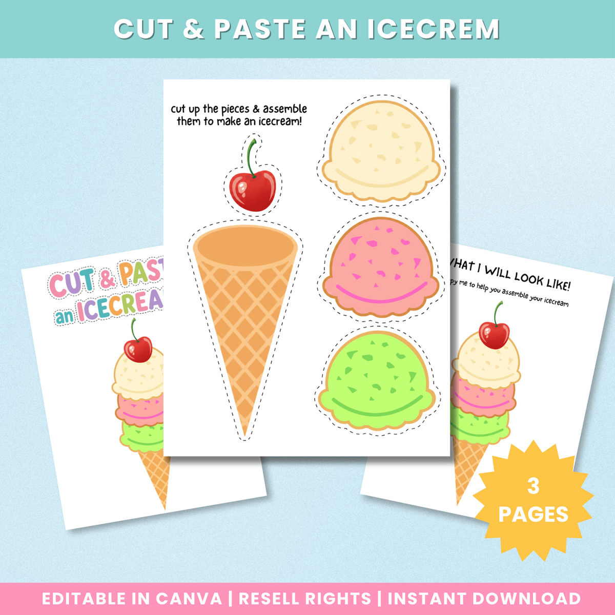 Three page cut and paste ice cream craft Canva template preview