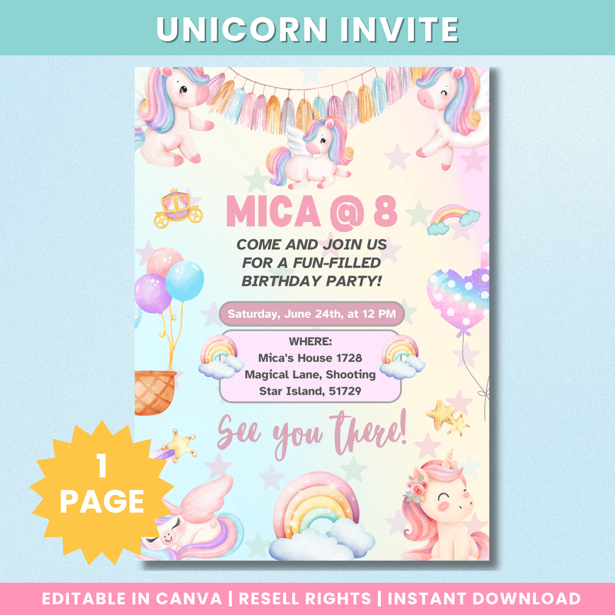 Editable pastel unicorn birthday invitation template preview