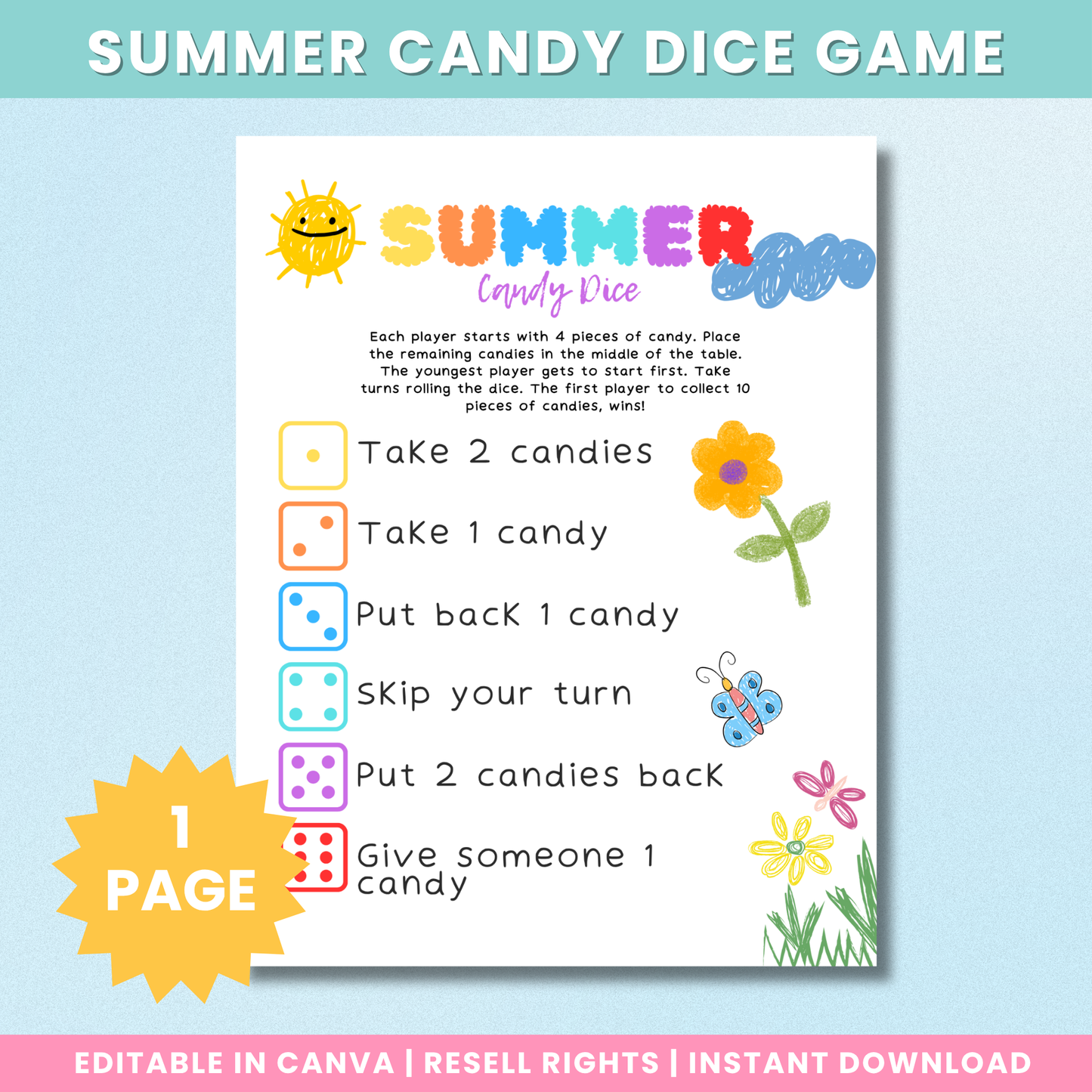 PLR Summer Candy Dice Game For Kids