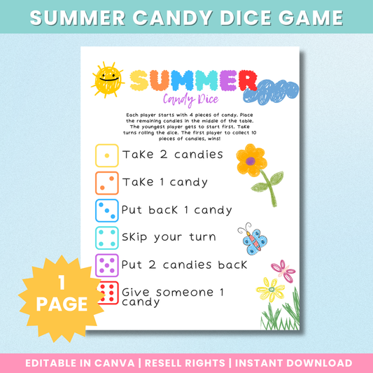 PLR Summer Candy Dice Game For Kids