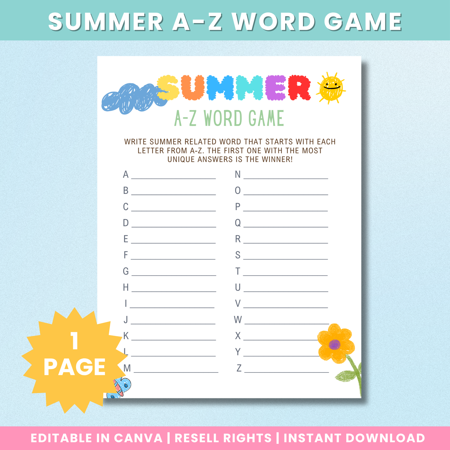 PLR Summer A-Z Word Game For Kids
