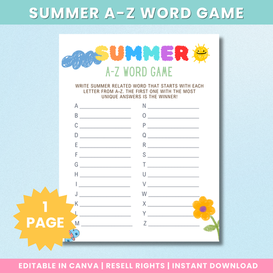 PLR Summer A-Z Word Game For Kids