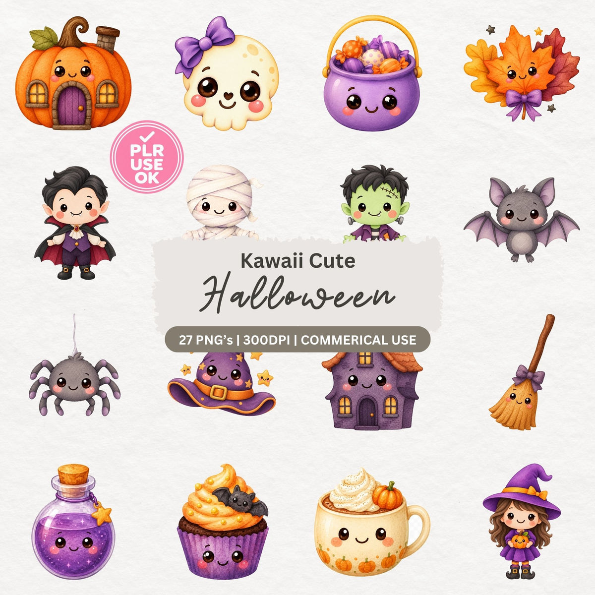 Cute Halloween Watercolor Clipart Set (27 images)