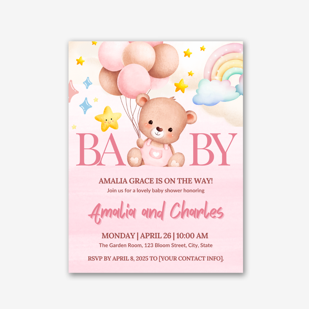 PLR Pink Bear Baby Shower Invite