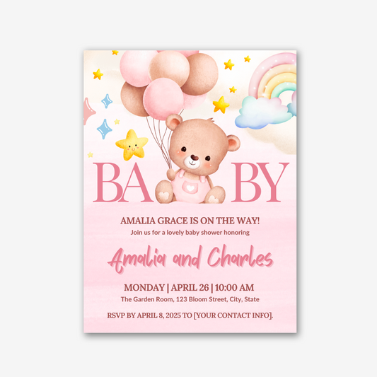 PLR Pink Bear Baby Shower Invite