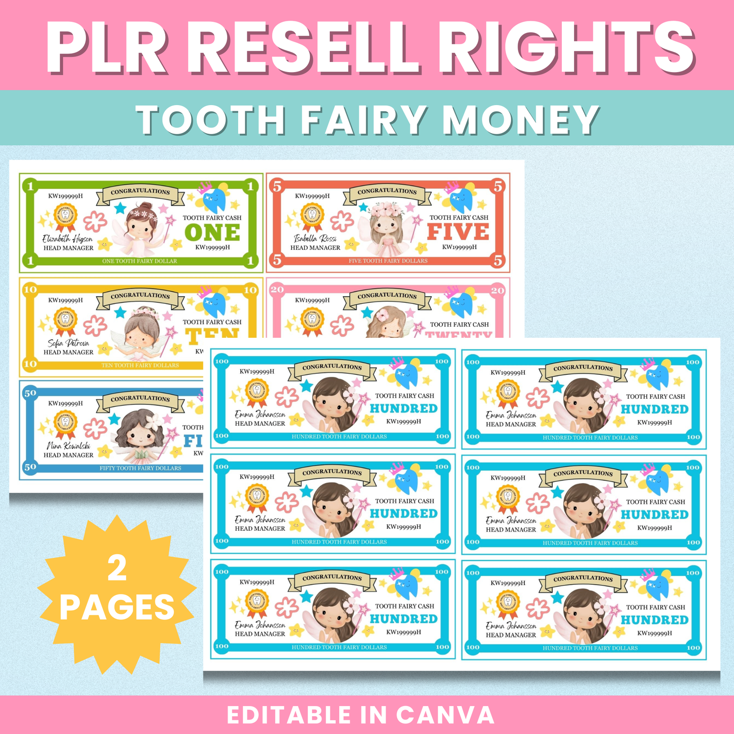 PLR Cute Tooth Fairy Money Printable