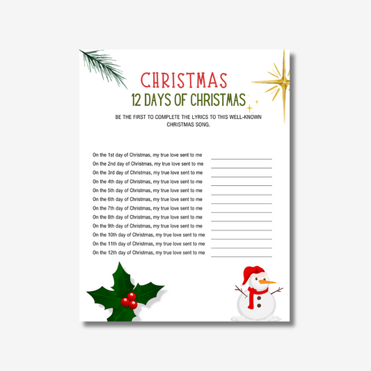 PLR 12 Days Of Christmas Game Printable