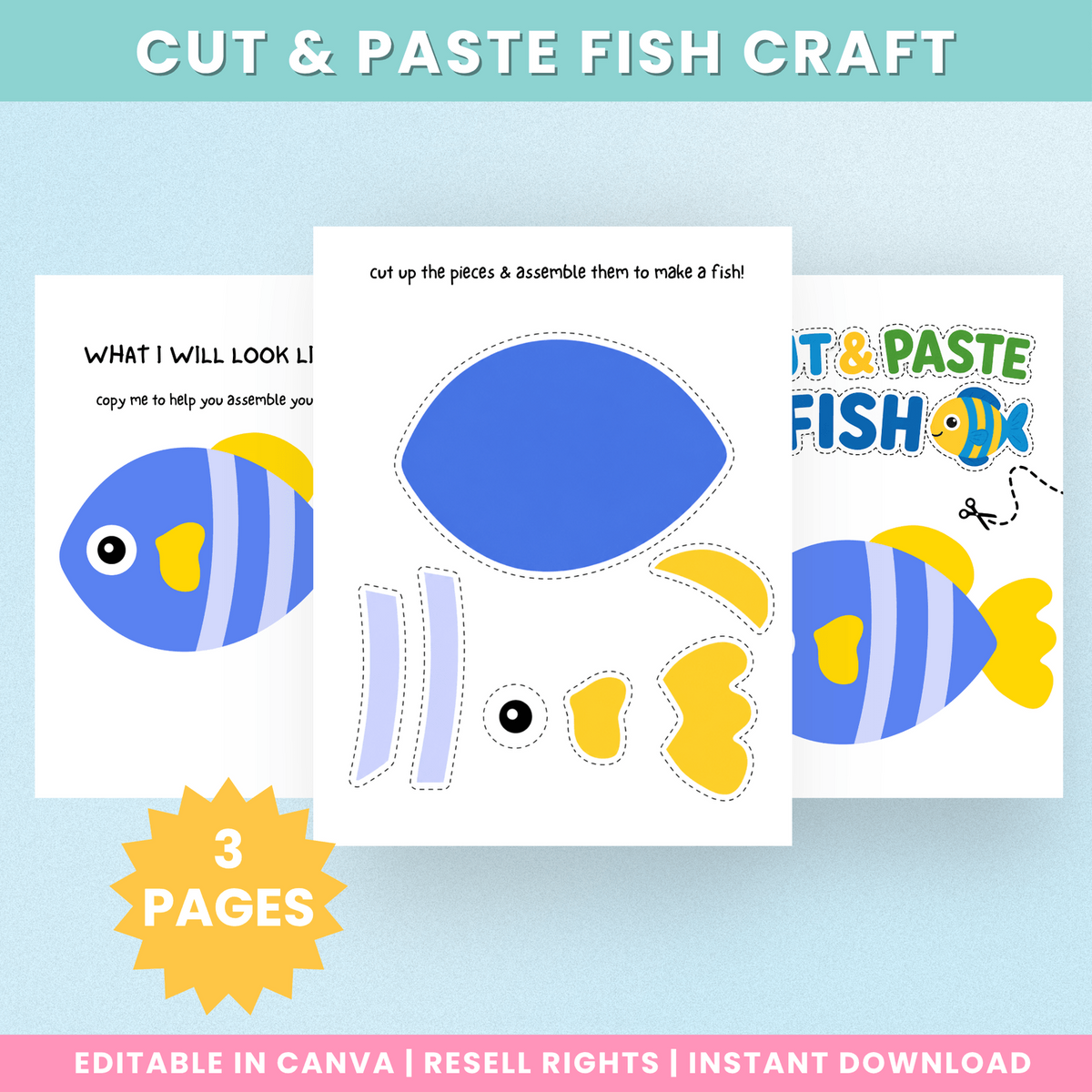 Three page cut and paste fish craft printable preview