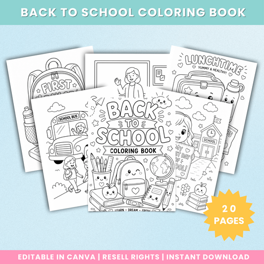 Back to School Coloring Book preview with twenty pages featuring a school bus, backpack and classroom scenes