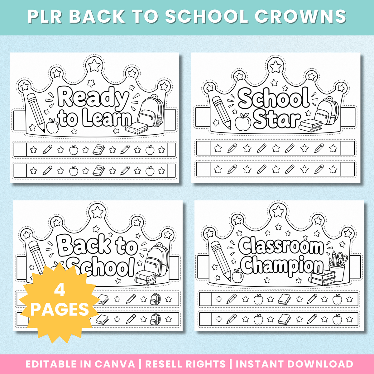 Preview of four back-to-school printable crowns with cut-out bands to colour