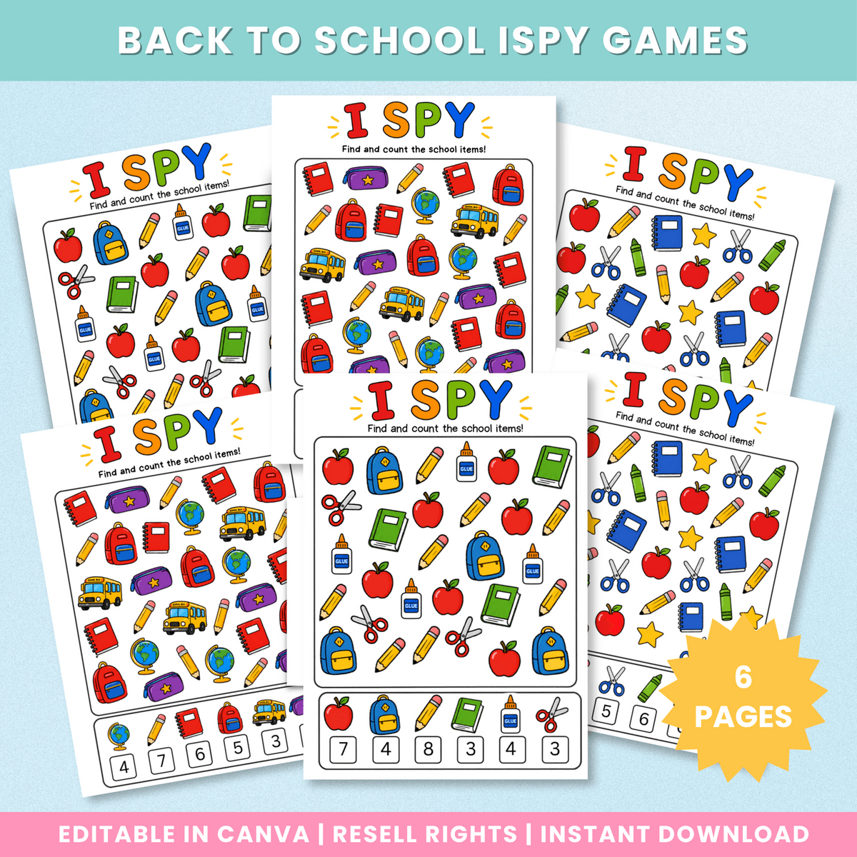 Preview of six colorful back-to-school I Spy find-and-count game pages