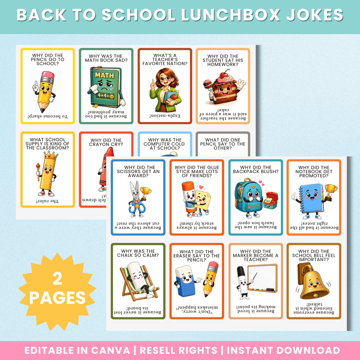 Back to School Lunchbox Jokes two-page printable preview