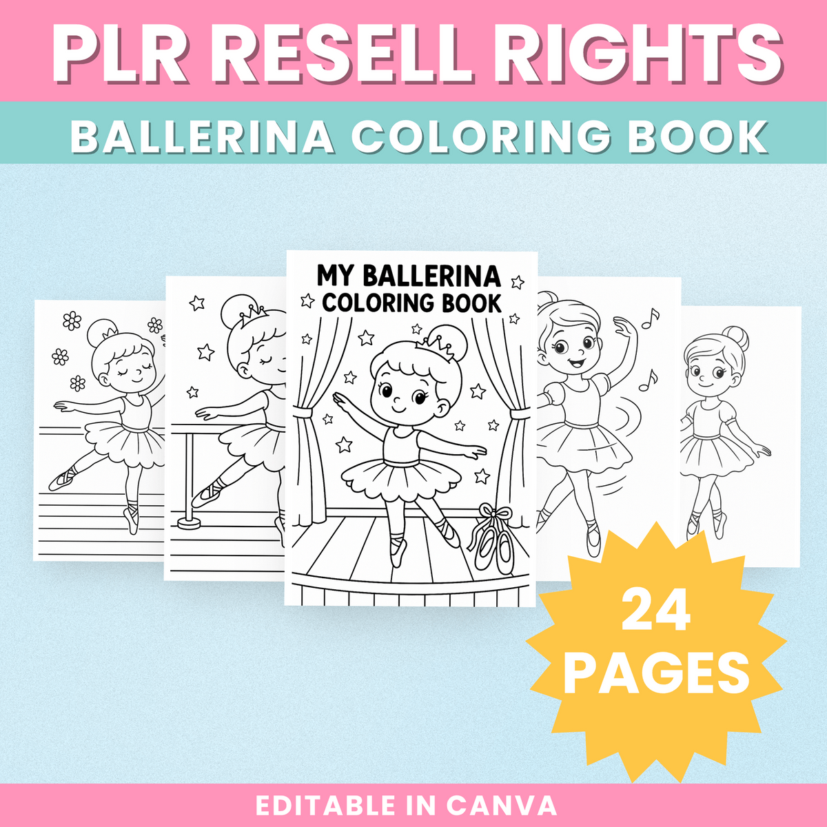 Ballerina Coloring Book preview showing 24-page editable Canva product
