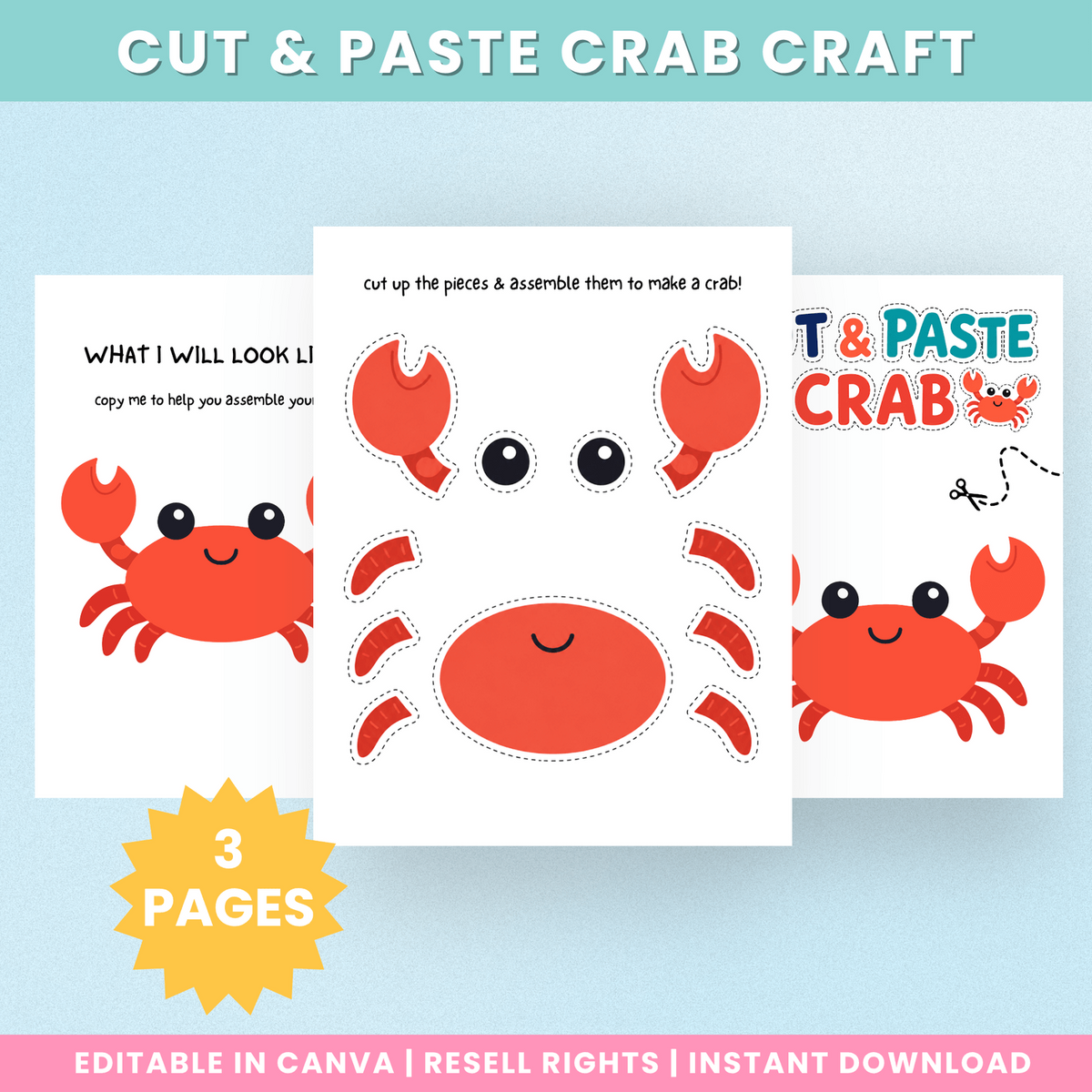 Three page cut and paste crab craft Canva template preview