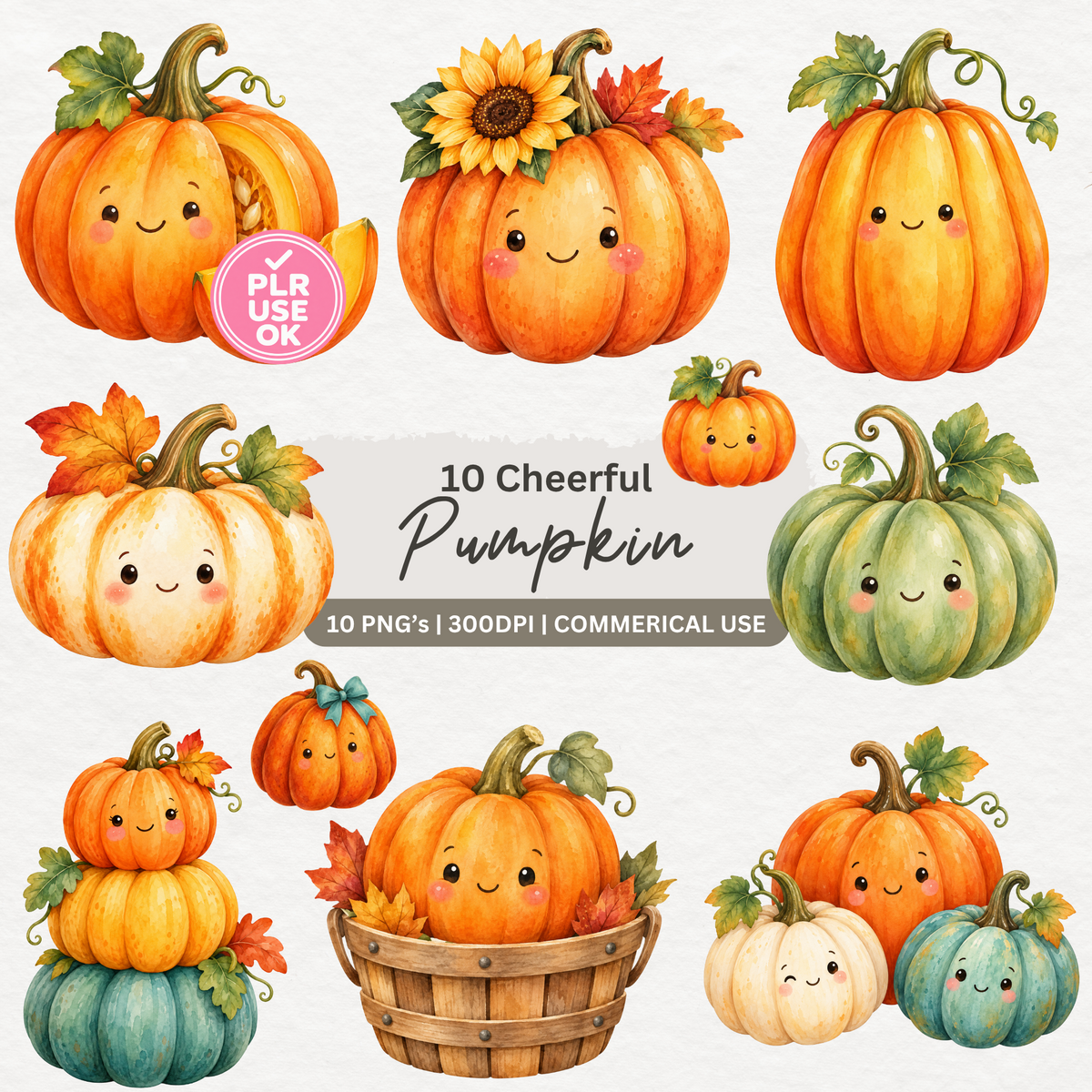 10 cheerful pumpkin clipart designs, 10 PNGs, 300 DPI