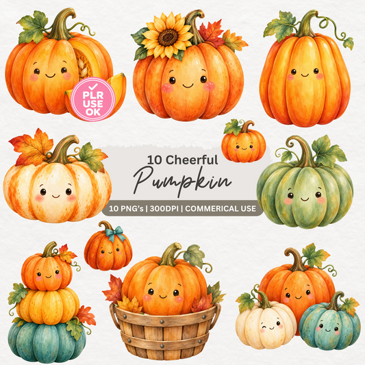 10 cheerful pumpkin clipart designs, 10 PNGs, 300 DPI