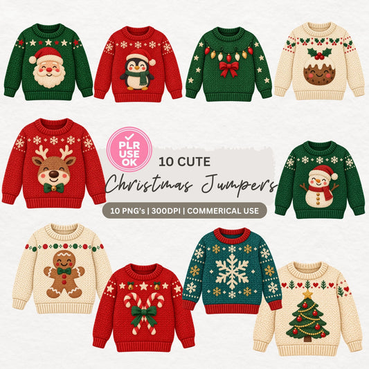 Preview of ten cute Christmas jumper clipart designs