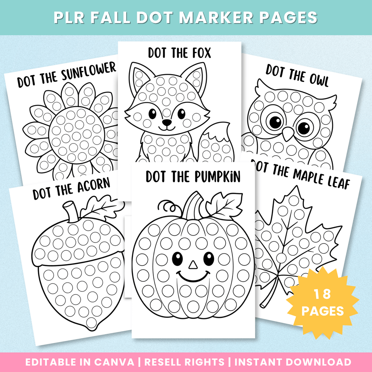 Fall dot marker pages featuring fox owl pumpkin sunflower acorn and leaf