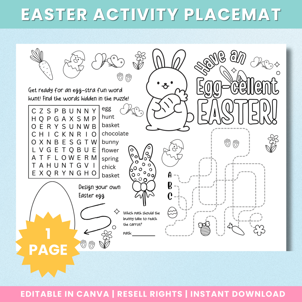 Easter activity placemat preview with word search, maze, egg drawing and coloring activities