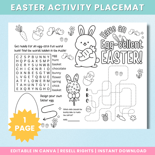 Easter activity placemat preview with word search, maze, egg drawing and coloring activities