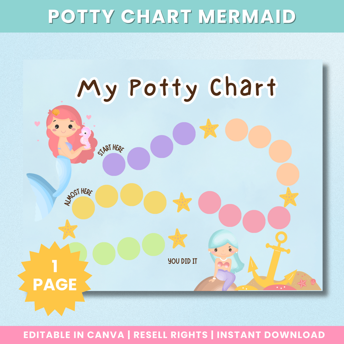 Mermaid potty training reward chart Canva template preview