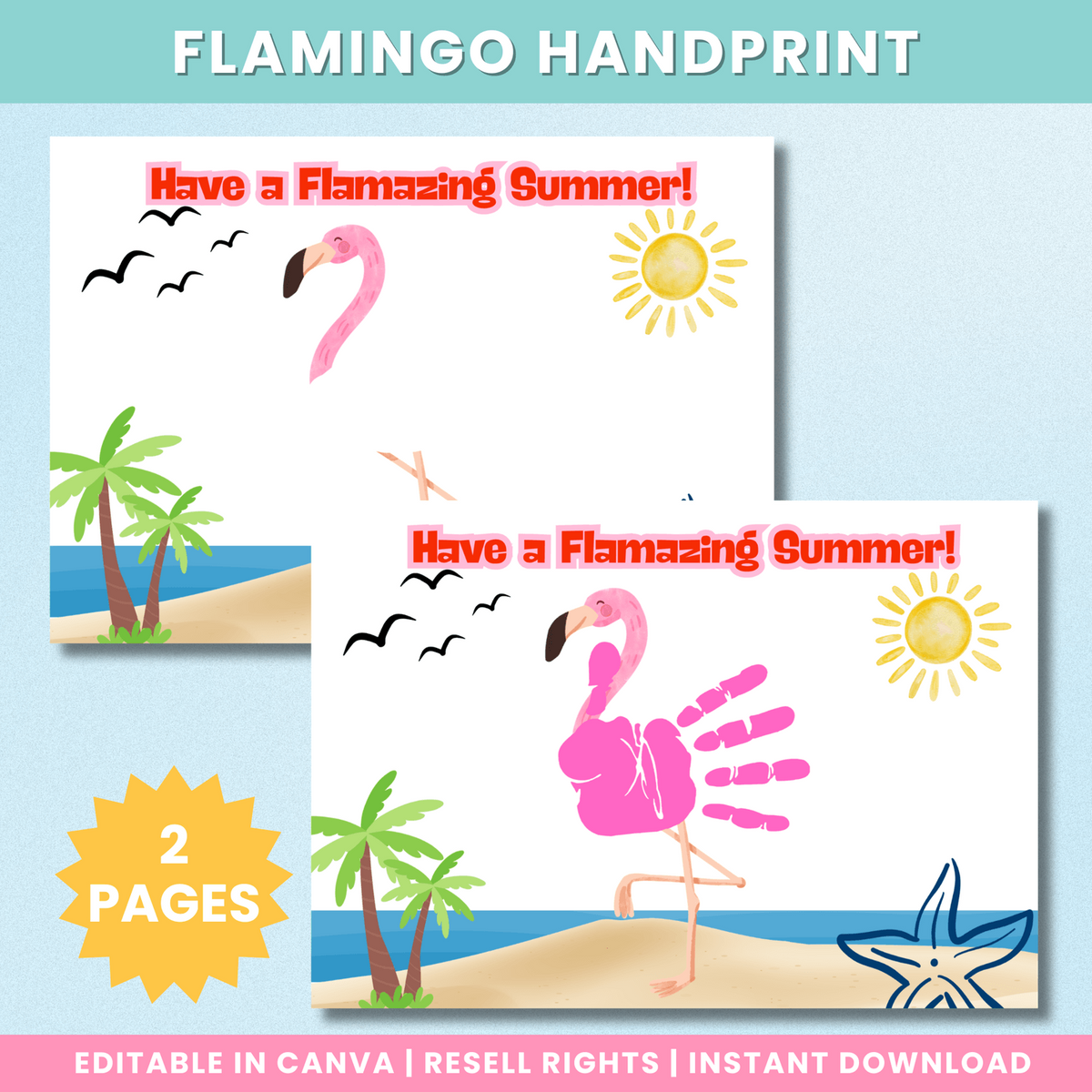 Flamingo Handprint craft with blank handprint page and completed summer example