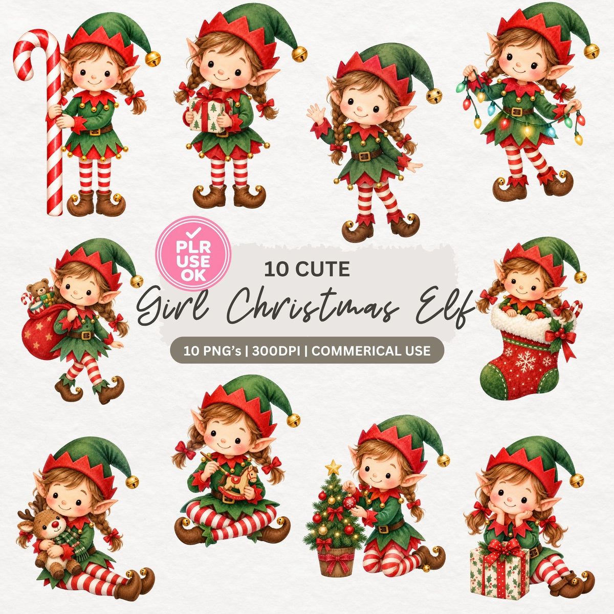 Preview of 10 Cute Girl Christmas Elf clipart designs
