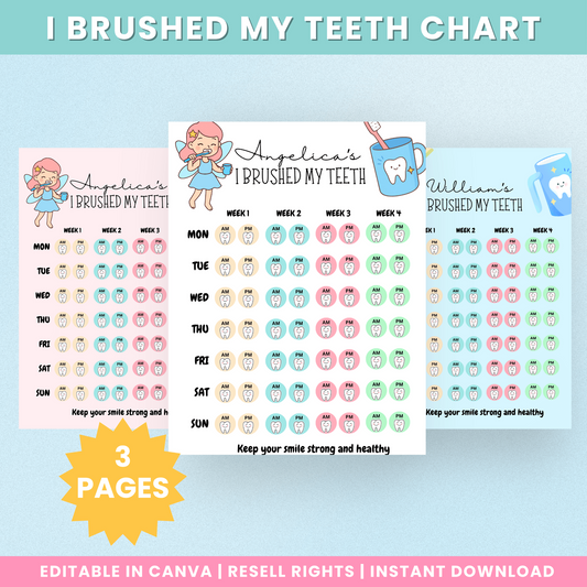 Three editable I Brushed My Teeth chart designs with four-week AM and PM tracking
