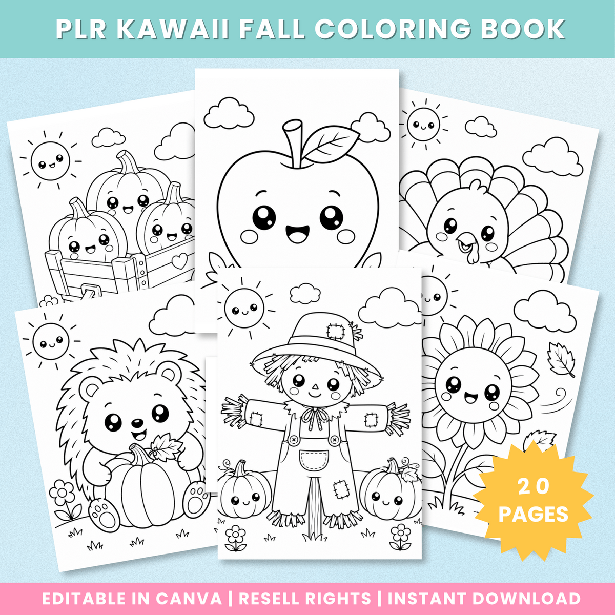 Preview of the twenty-page Kawaii Fall Coloring Book with pumpkins, apple, turkey, hedgehog, scarecrow and sunflower