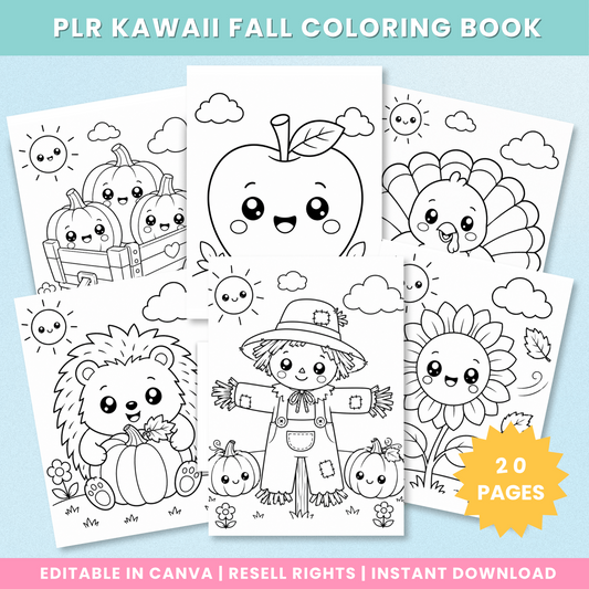 Preview of the twenty-page Kawaii Fall Coloring Book with pumpkins, apple, turkey, hedgehog, scarecrow and sunflower