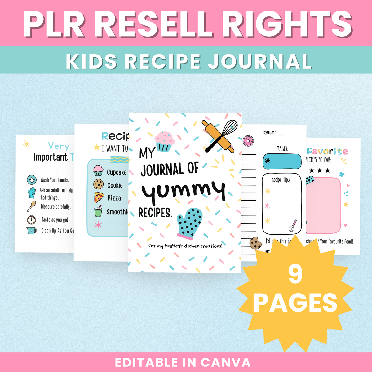 Kids Recipe Journal 9-page editable Canva printable preview