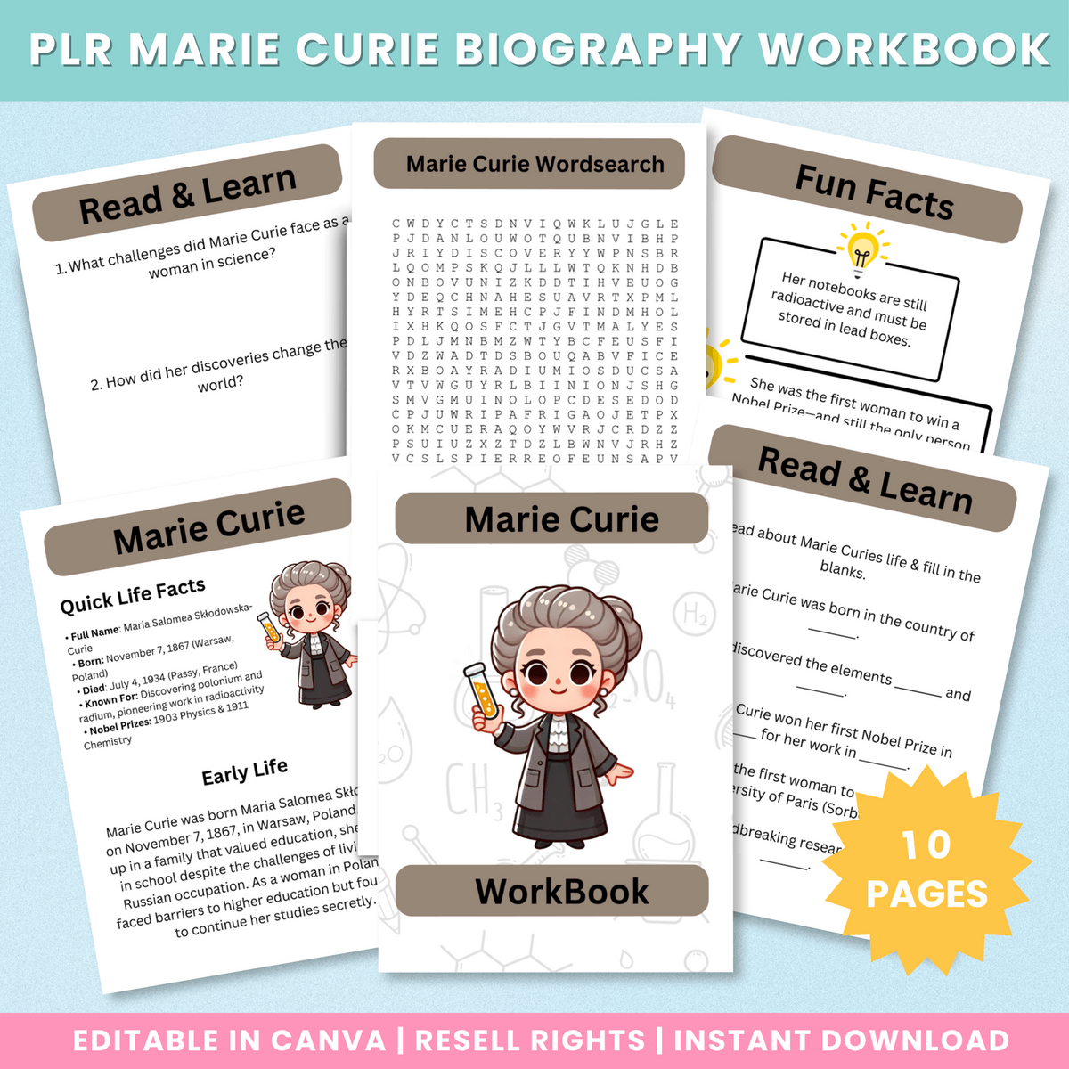 Marie Curie Biography Workbook printable preview