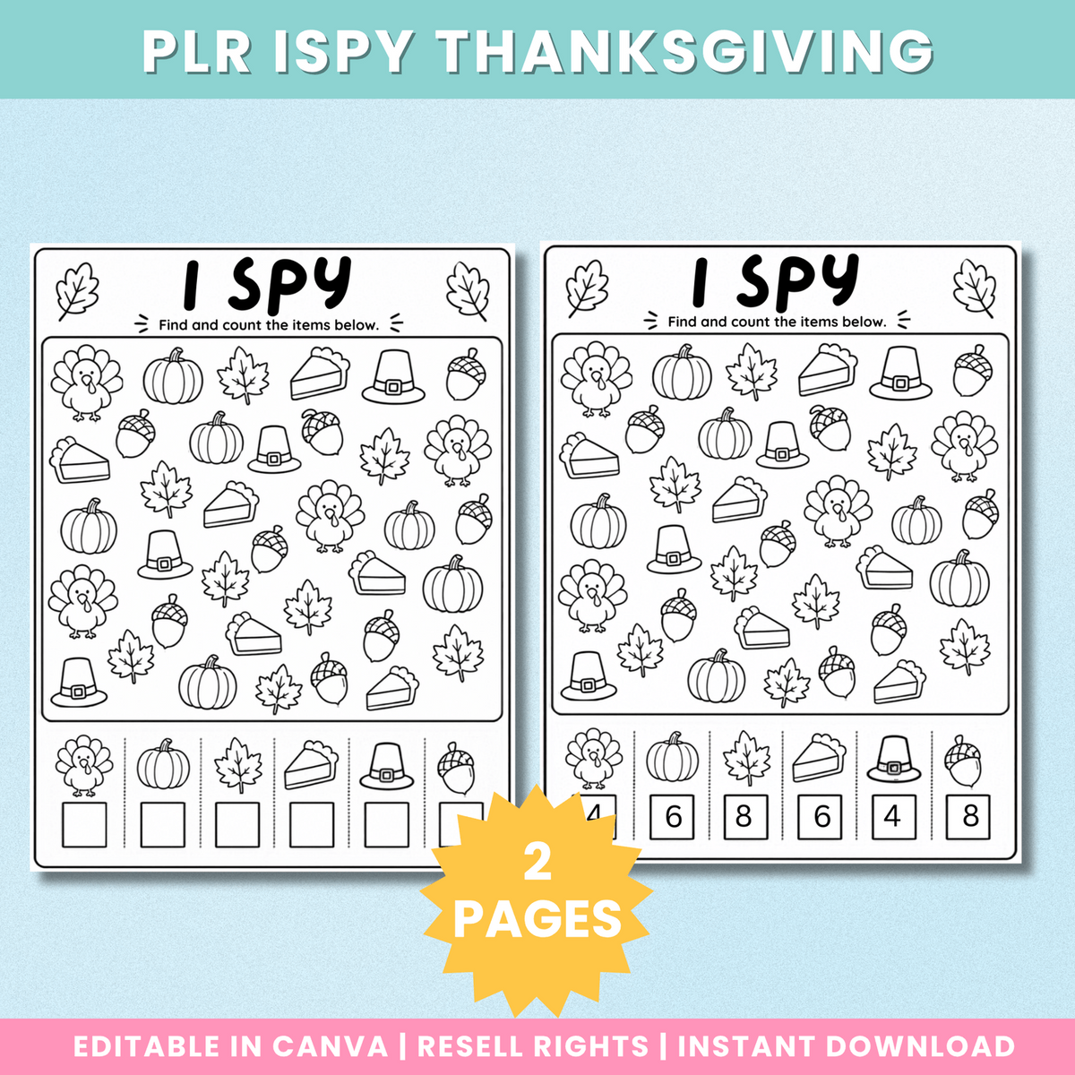 Thanksgiving I Spy black-and-white colouring page and answer sheet