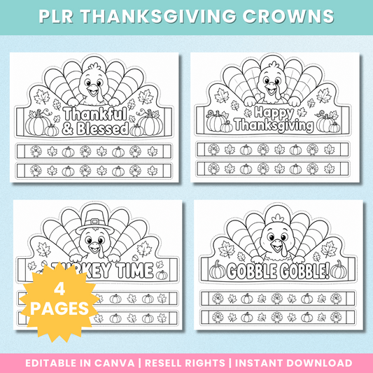 Four black-and-white Thanksgiving turkey crown printables