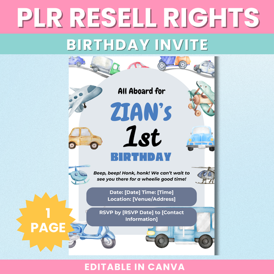 PLR Transport Birthday Invitation