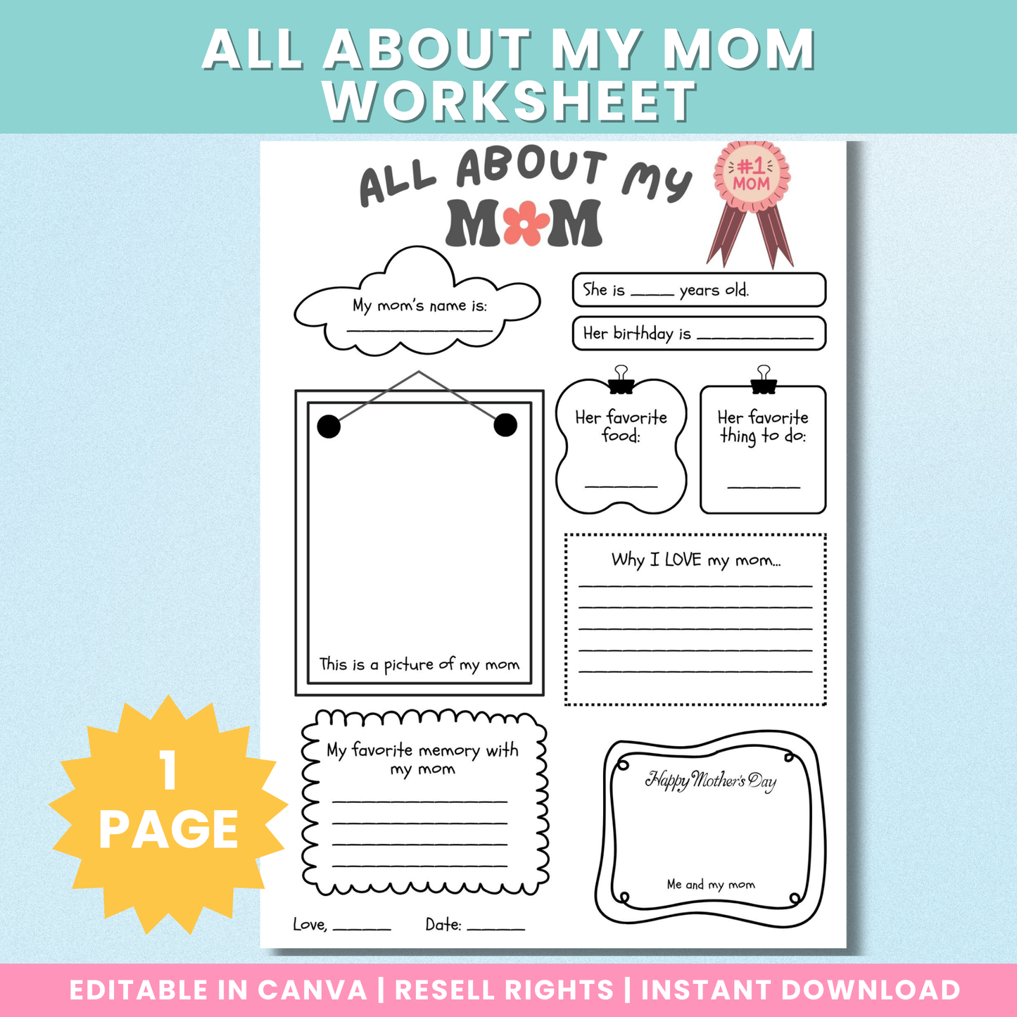 All About My Mom Worksheet (design 2) - Mother's Day
