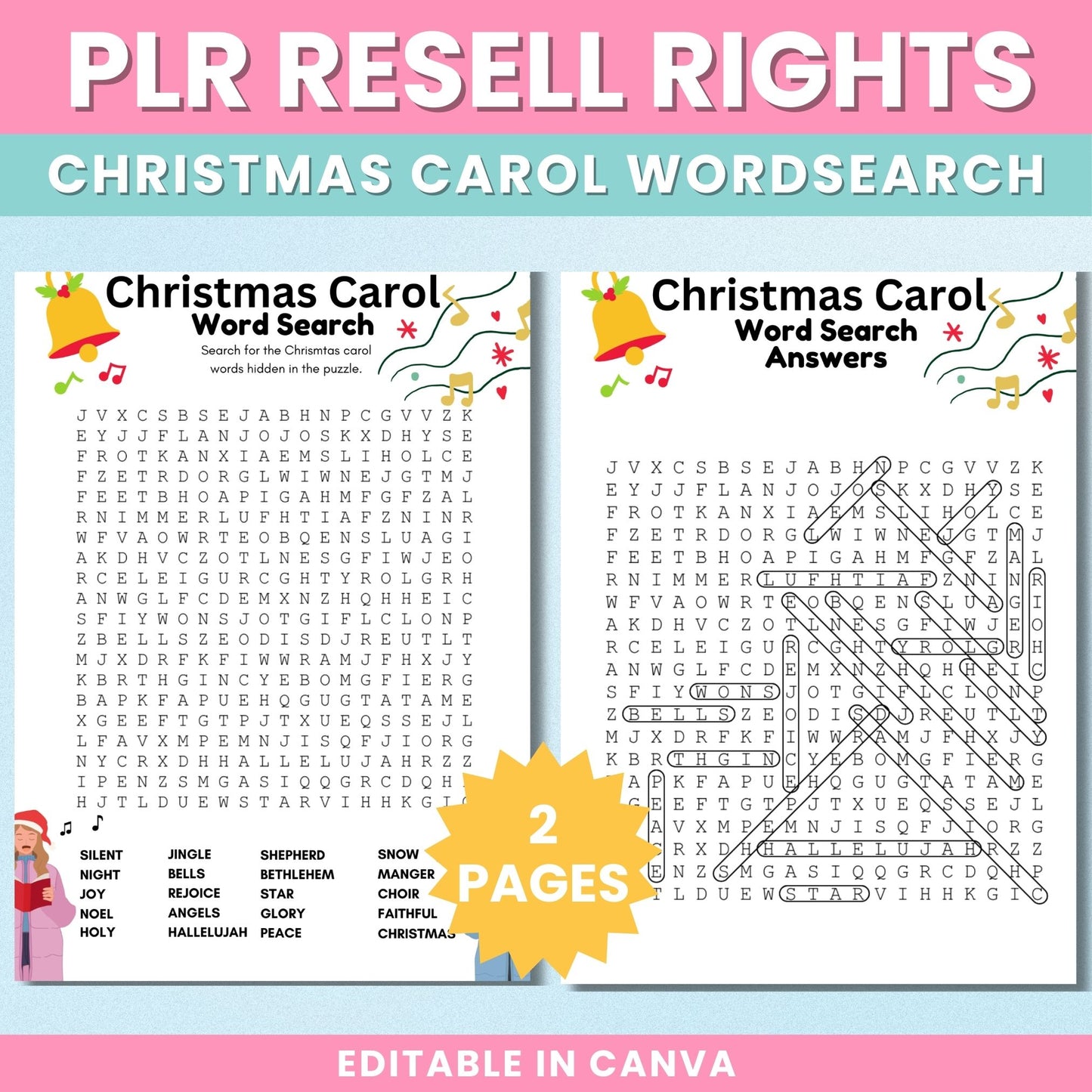 PLR Christmas Carol Wordsearch For Kids