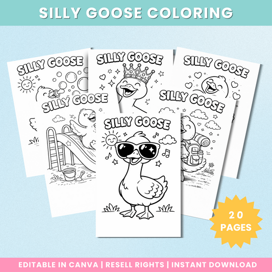 Silly Goose Coloring Book preview showing twenty editable Canva pages