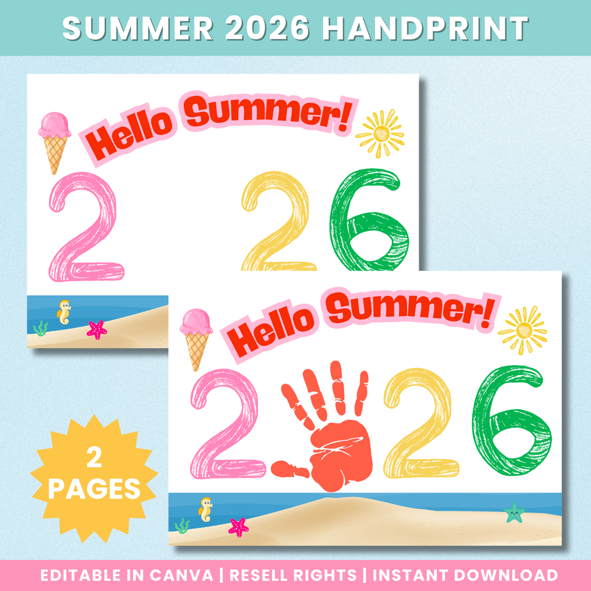 Two-page Summer 2026 Handprint craft preview with blank and completed examples